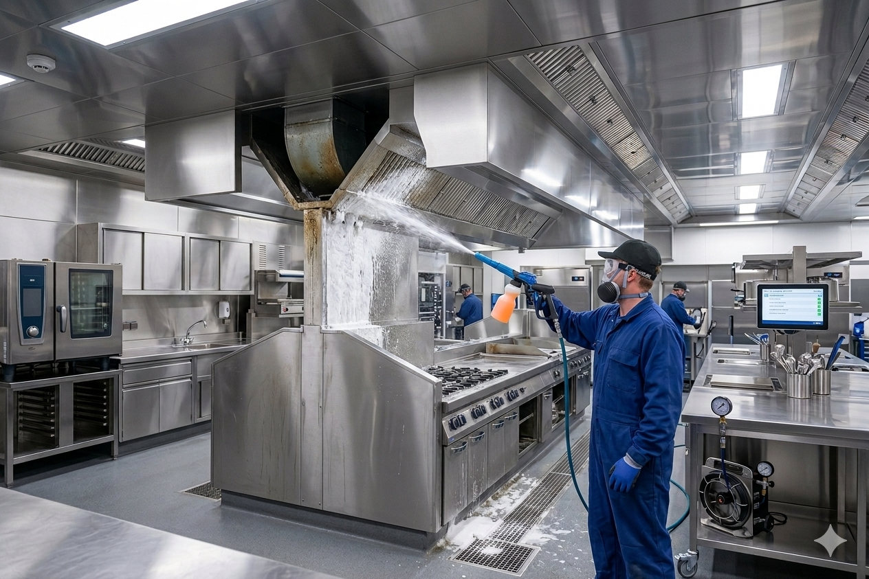 Technicien Clean Hotte Pro en intervention de dégraissage haute pression sur une hotte professionnelle de restaurant