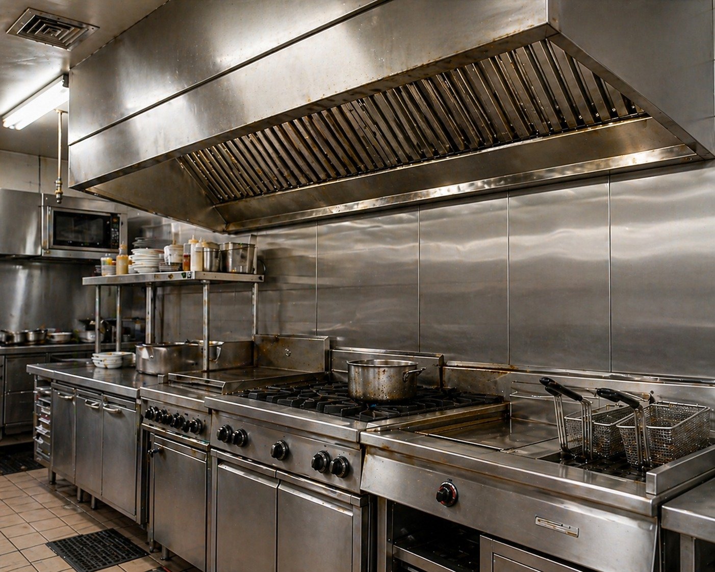 Hotte professionnelle de restaurant saturée de graisse avant dégraissage par Clean Hotte Pro